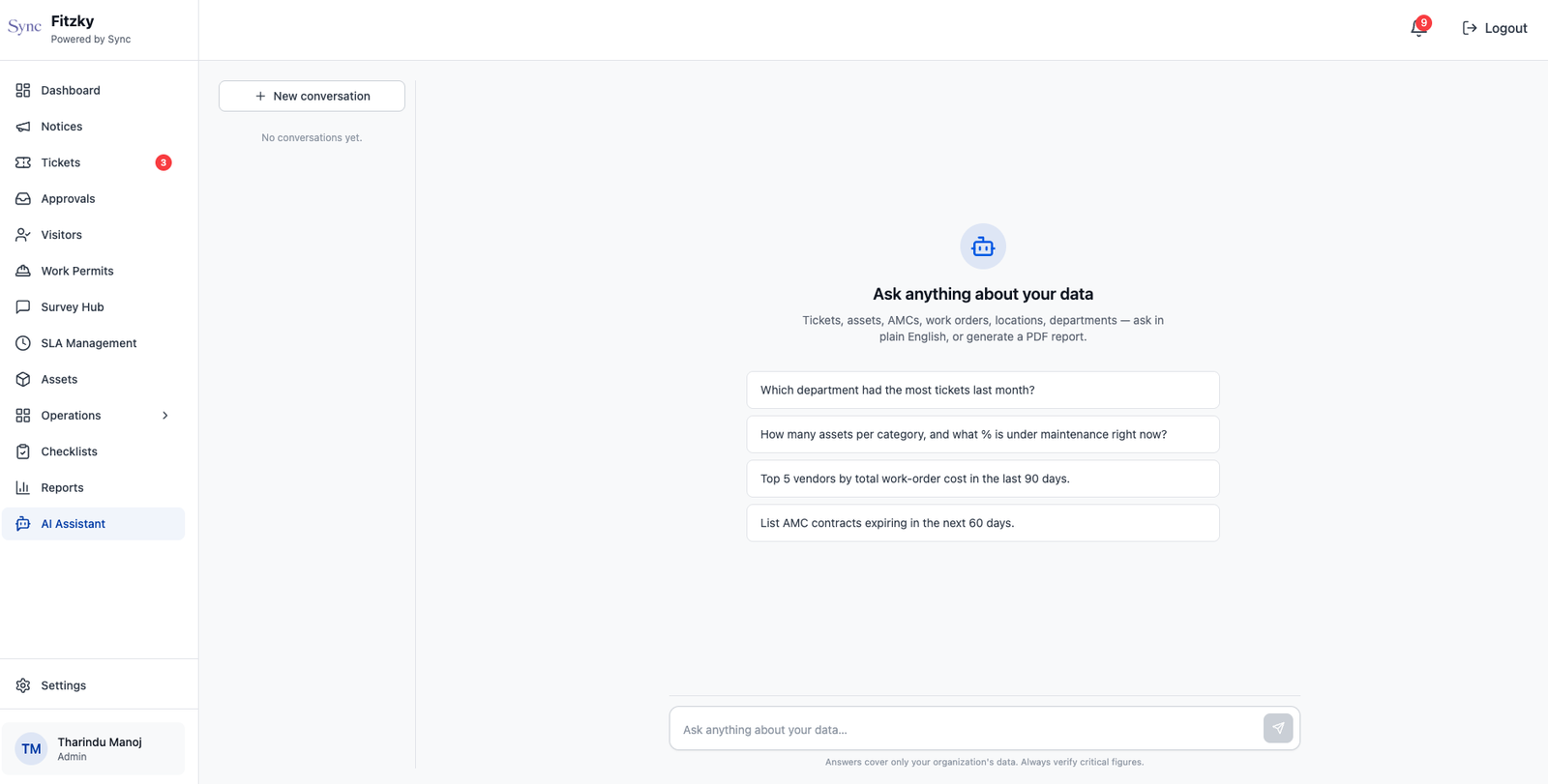 Sync AI assistant answering questions about tickets, assets, vendors, and AMC contracts in plain English