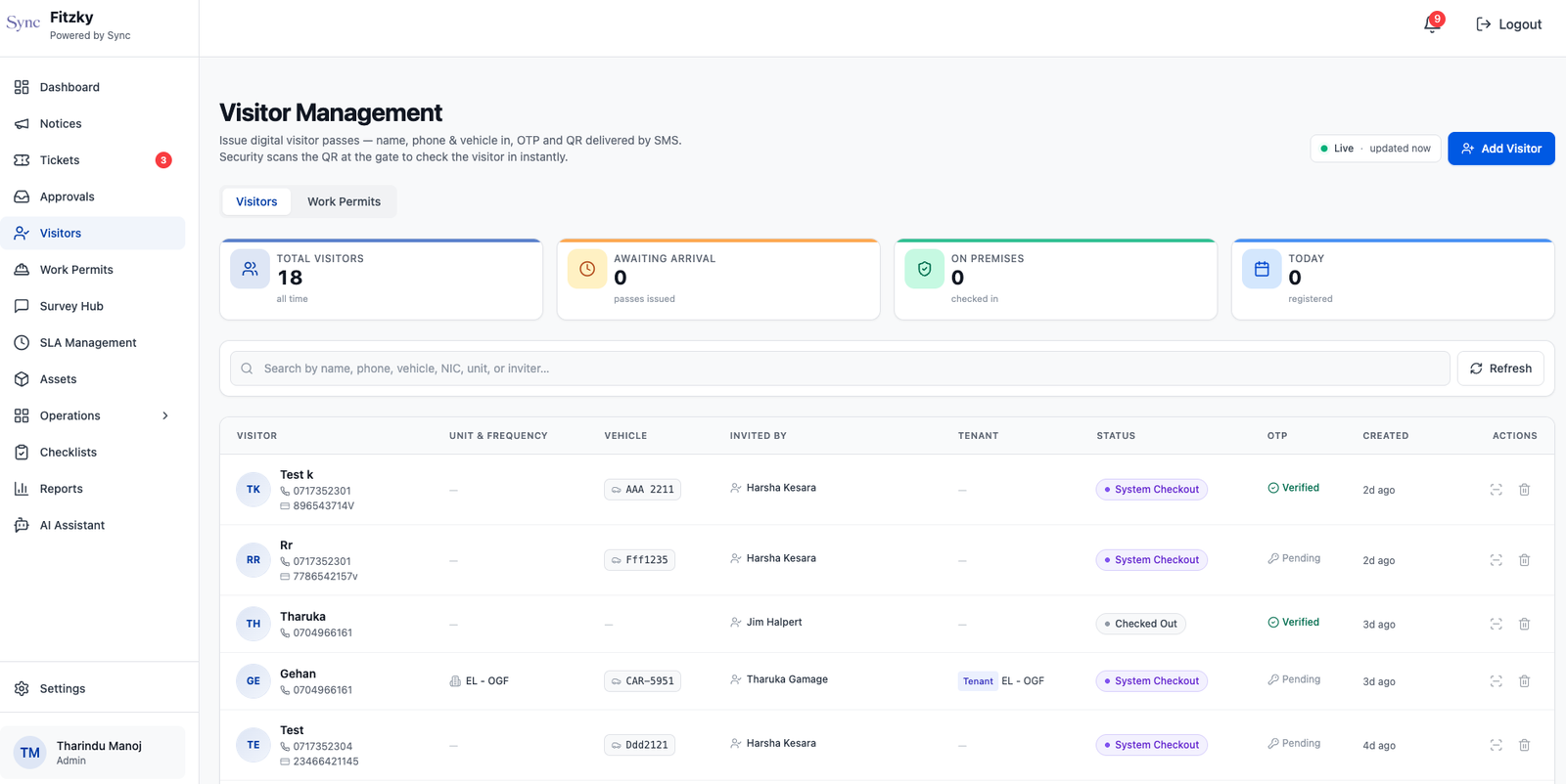 Sync visitor management screen with live visitor register, statuses, and OTP verification